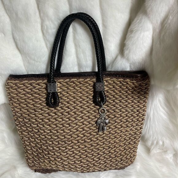Brighton leather brown and brown woven straw shoulder bag silver tone accent - Picture 4 of 11